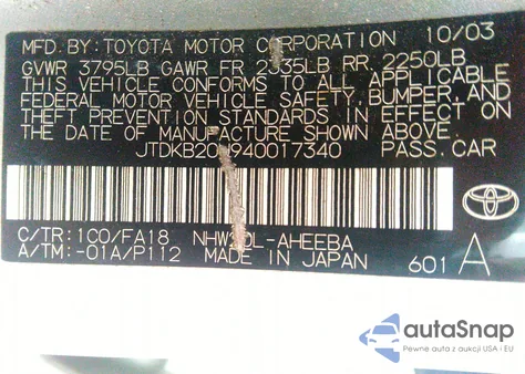 2004 Toyota Prius z USA, uszkodzony, nr VIN JTDKB20U940017340